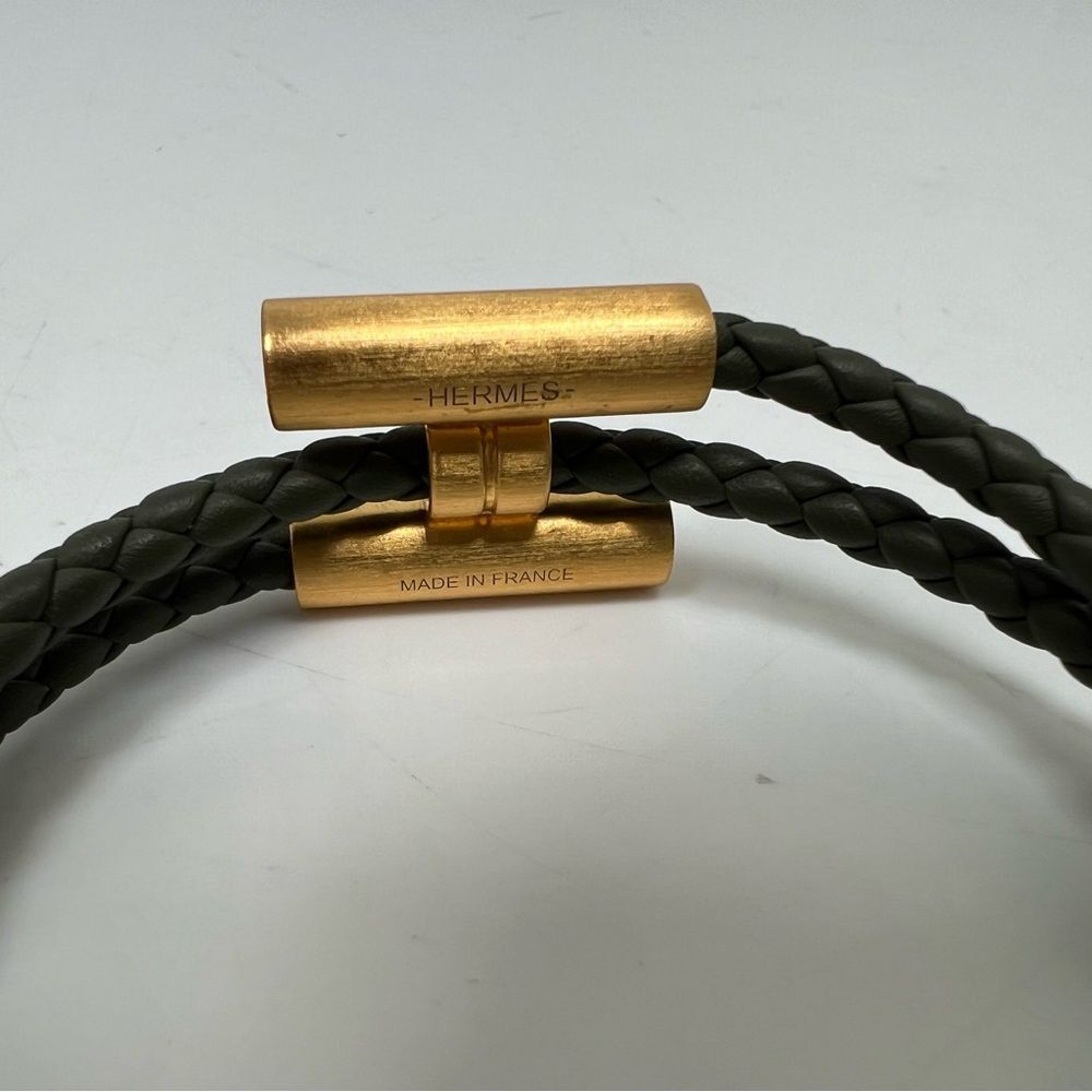 Hermes Tournis Tresse Olive Green Braided Leather Bracelet Gold Hardware In Box - Picture 4 of 5